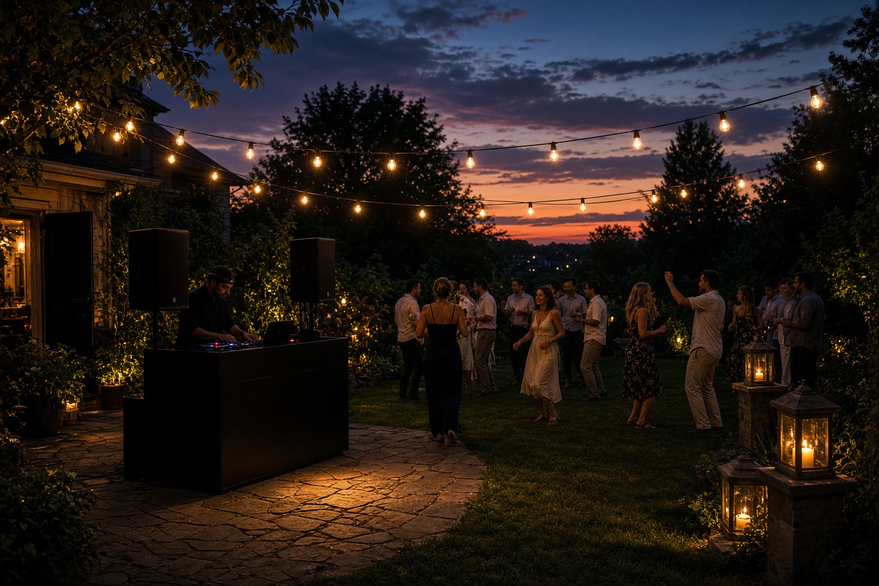 Backyard party in southeast Wisconsin with string lights and a compact mobile DJ booth