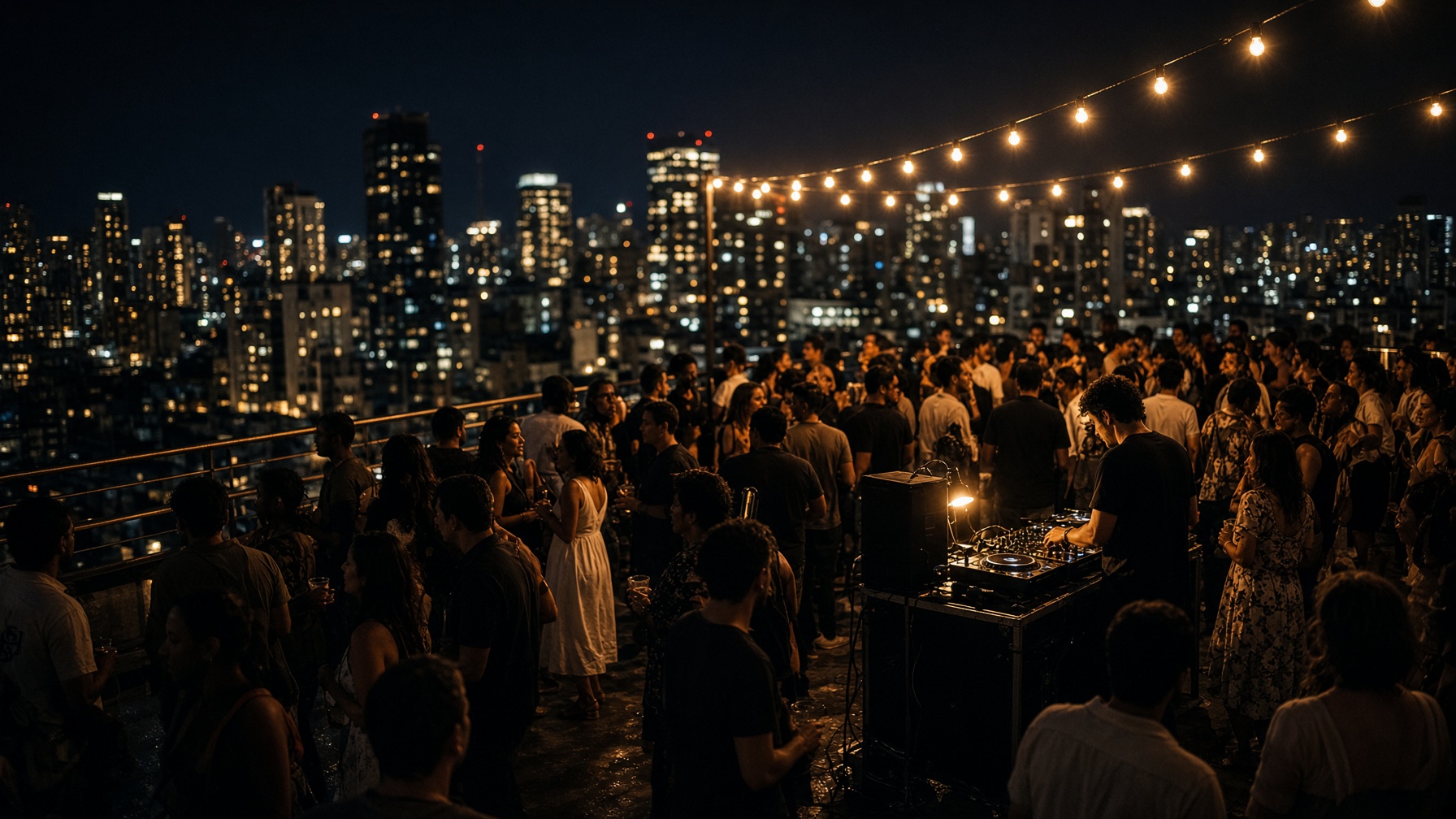 Rooftop night party with city lights and a packed dance floor
