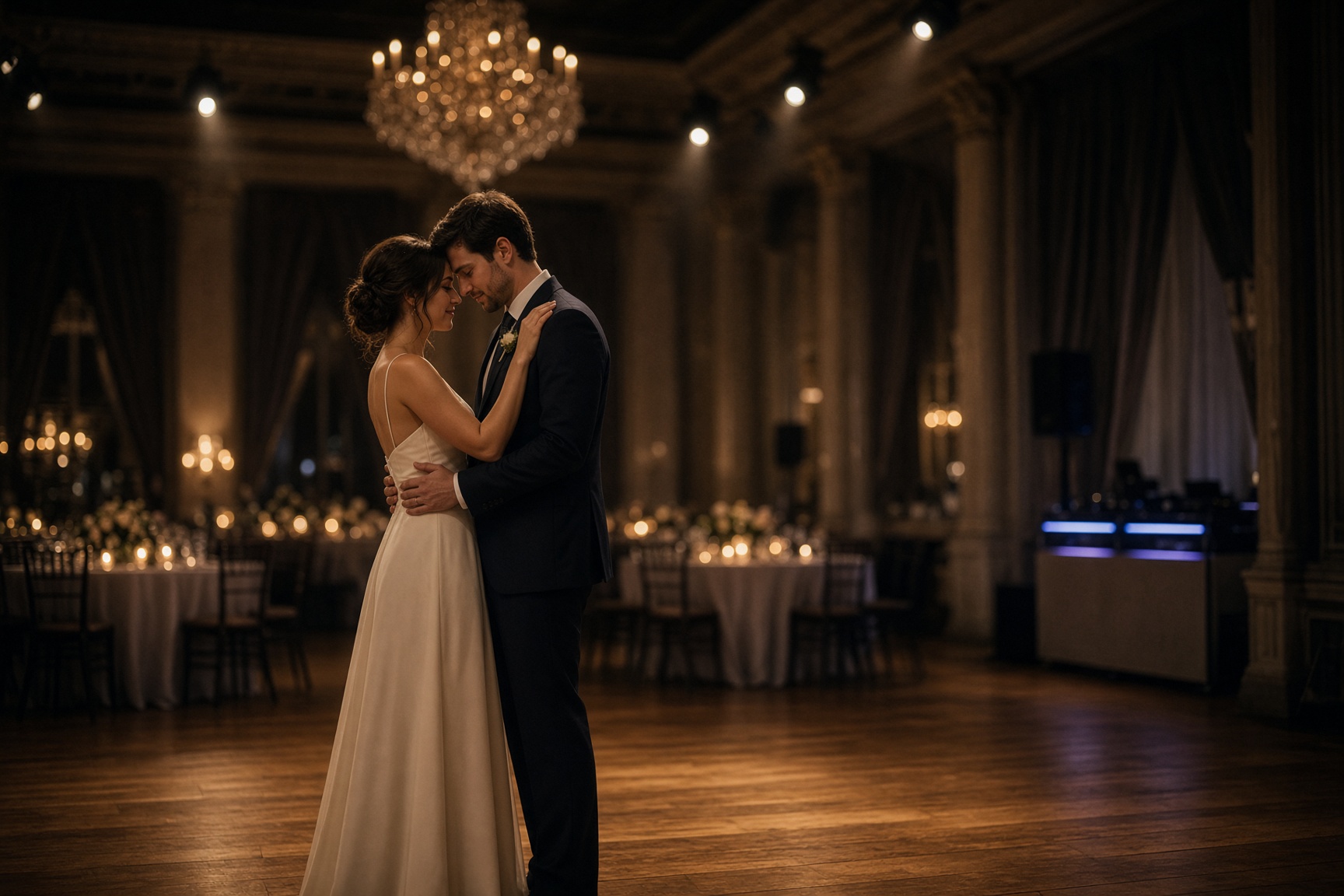 First dance at a Wisconsin wedding reception with DJ Snipe at the far edge of the room